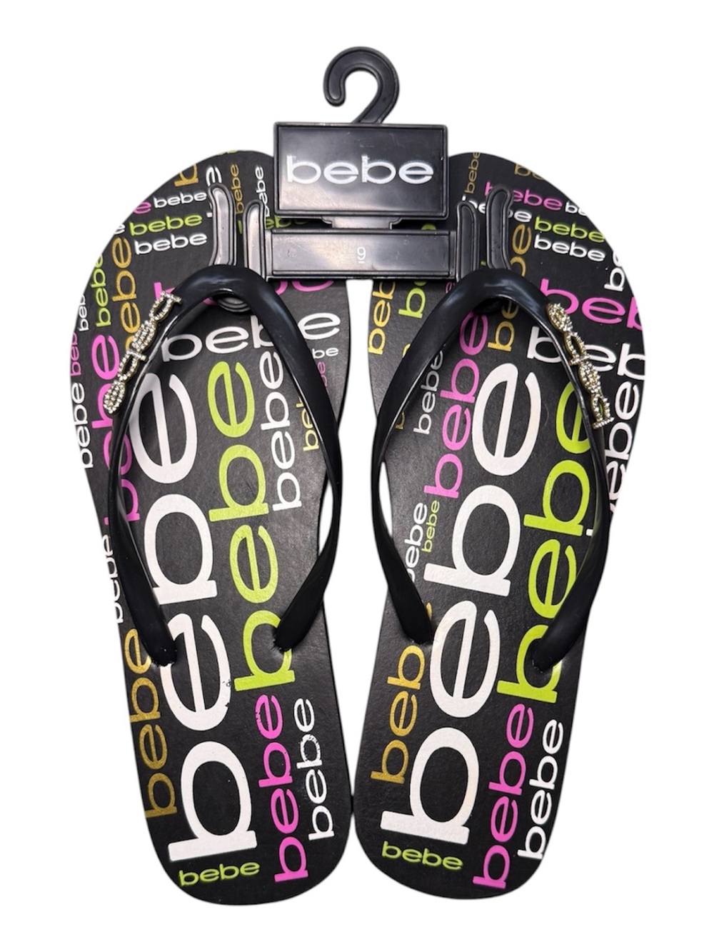 bebe Black Flip Flop Sandals with Multicolor Logo Print